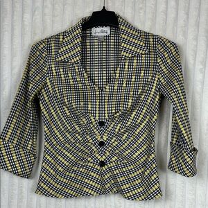Joseph Ribkoff black and yellow check v-neck 3/4 sleeve blouse